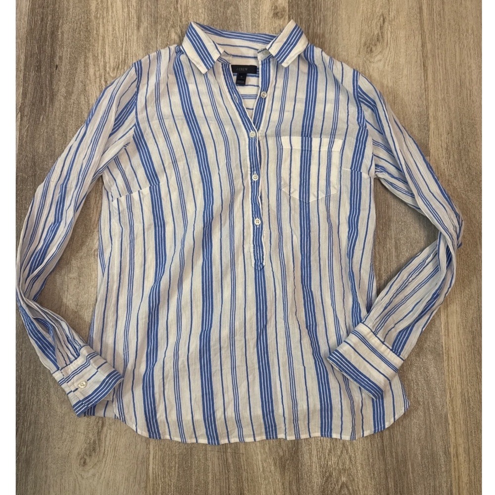 J.Crew Blue White Striped Cotton Popover Shirt Womens Size 0 Long Sleeve Button